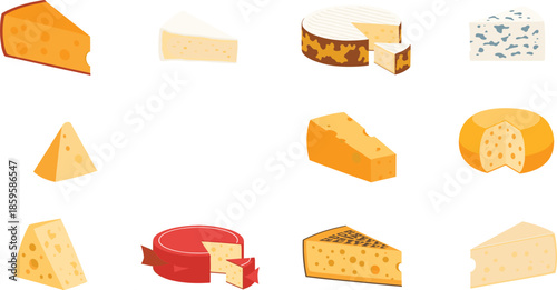 Cheese varieties collection with sliced and whole dairy products isolated on white background flat vector illustration