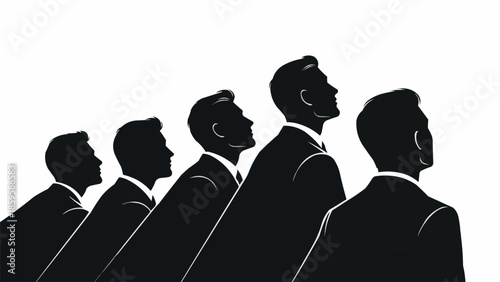 Silhouettes of businessmen looking up together in a line.