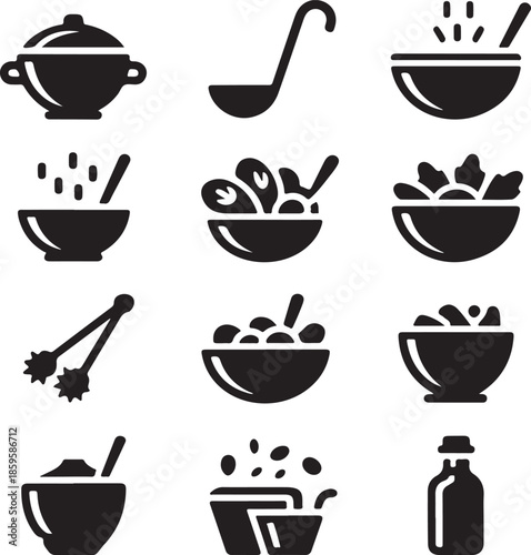 Cooking icons, kitchen tools, food preparation, salad bowl, soup ladle, culinary equipment, restaurant service, chef supplies, kitchenware