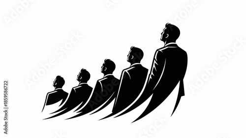 Silhouettes of businessmen standing in a line ascending upwards.