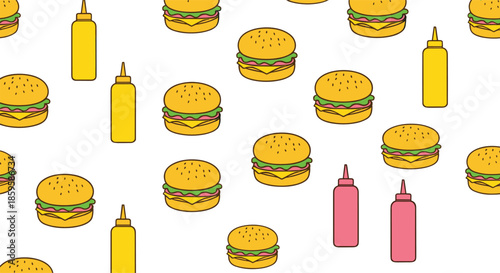 Cheeseburger and sauce bottle seamless pattern with fast food icons repeated on light background for restaurant and menu designs vector illustration