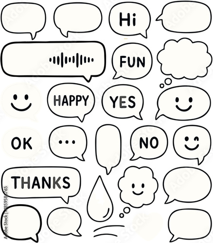 Set of cartoon-style speech and thought bubbles with emoticons and expressive text like “HI,” “FUN,” “YES,” and “THANKS,” ideal for comics, messaging UI, and playful graphic design projects.