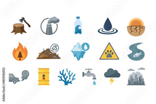 Vibrant collection of flat design icons illustrating critical environmental problems, climate change impacts, and ecological challenges facing our planet