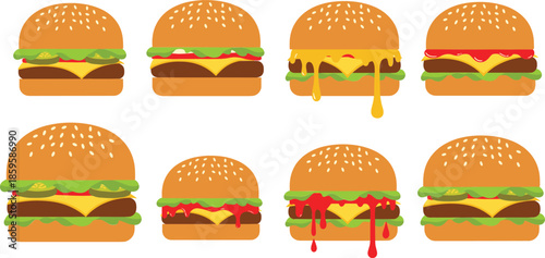 Cheeseburger variations icons collection with dripping cheese and sauce for fast food menu designs isolated on white background vector set