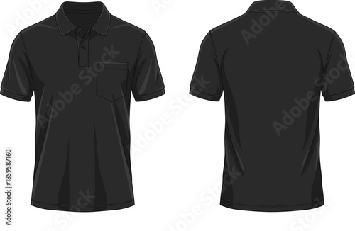 Men black polo shirt technical fashion flat sketch vector illustration with front and back view for apparel design mockup template