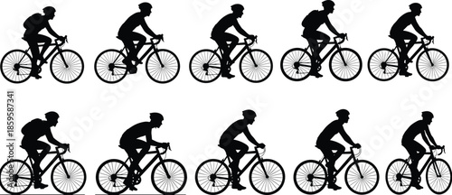 Cycling motion silhouette set with twelve sequential pedaling poses for animation, biomechanics, and expressive movement themes.