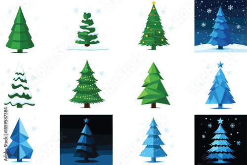 Set of various Christmas trees with snow decorations and lights in different styles including flat and low poly for winter holiday