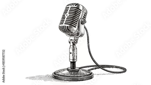 Vintage microphone on stand with cord, ready for recording