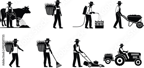 Farming activity silhouette set with eight agricultural poses and tools for gardening, harvest, and rural labor themes.