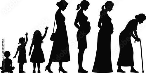 Female life stage silhouette set showing progression from childhood to old age for growth, identity, and educational themes.