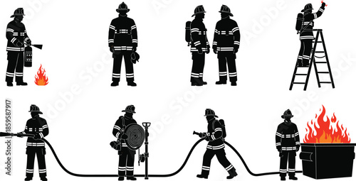 Firefighter silhouette set with eight action poses and gear details for emergency response, safety, and rescue themes.