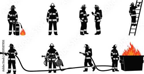Firefighter silhouette set with eight action poses and gear details for emergency, safety, and rescue themes.