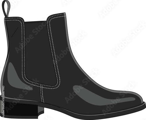 Black leather chelsea boot fashion vector illustration with elastic side panel and heel for footwear design mockup template
