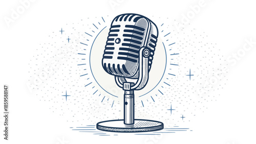 Vintage microphone with dynamic sound waves and starlight