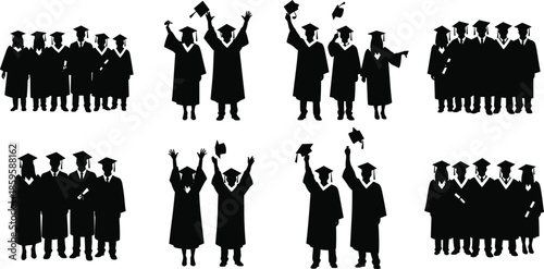 Graduation silhouette set with eight celebratory group poses for academic achievement, ceremony, and educational milestone themes.