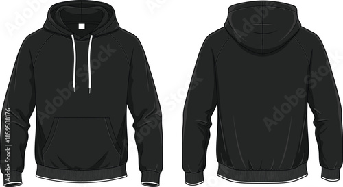 Black raglan hoodie technical fashion sketch front and back views with kangaroo pocket and drawstring for apparel design mockup template illustration