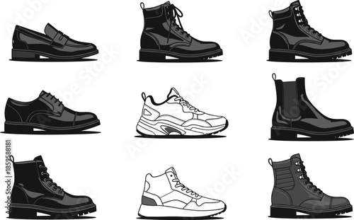 men's shoes and boots vector illustrations including sneakers loafers work boots and chelsea boots for fashion design