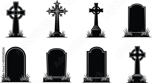 Gravestone and cross silhouette set with eight cemetery icons for memorial, Halloween, and historical themes.
