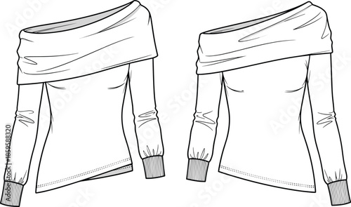 Women's off the shoulder draped neckline top technical flat sketch, front and back view, long sleeve blouse vector design template.
