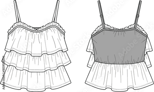 Women's tiered ruffle camisole technical flat sketch, front and back view, spaghetti strap sleeveless top vector illustration fashion design template.