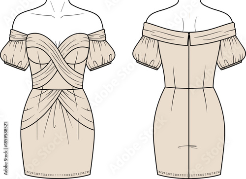 Women's off the shoulder mini dress technical flat sketch, front and back view, puff sleeve bodycon dress vector illustration template.