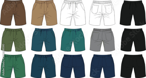 Collection of mens casual cotton shorts technical fashion sketches with elastic waistband and drawstring in various colors for design mockup