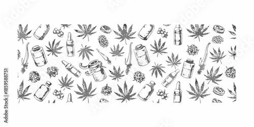 Hand drawn cannabis leaves oils and related botanical illustrations pattern