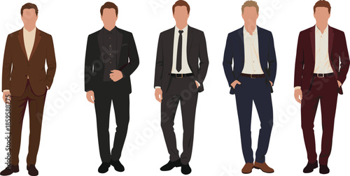 Men’s business suit illustration set with five formal outfit styles for fashion, character design, and professional themes.