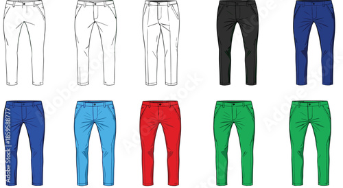 Fashion technical sketch of mens slim fit trousers set in multiple colors including blue red green black and white