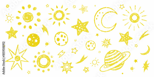 Charming hand drawn illustration of celestial bodies suns moons stars and planets