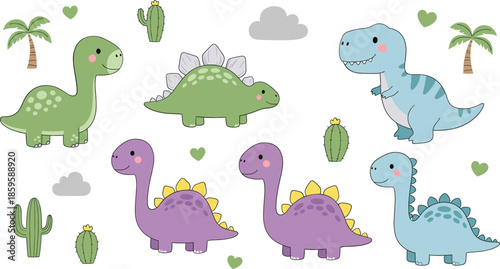 Cute baby dinosaurs with cactus and hearts in pastel cartoon style kids illustration vector set