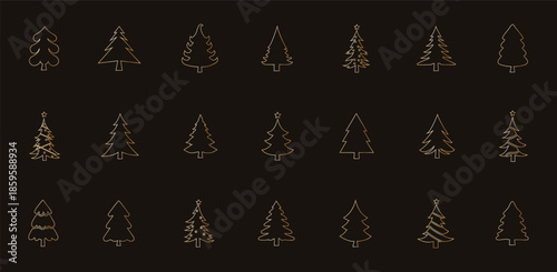Minimal christmas gold tree line icon set isolated on black background. festive illustration.