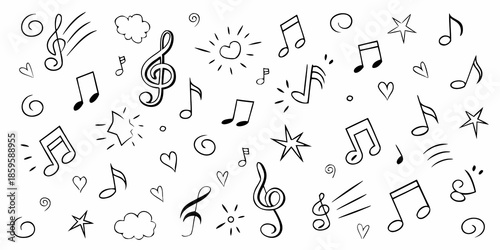 A playful doodle pattern featuring musical notes stars hearts and suns
