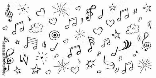 A whimsical collection of musical notes hearts stars and doodle elements