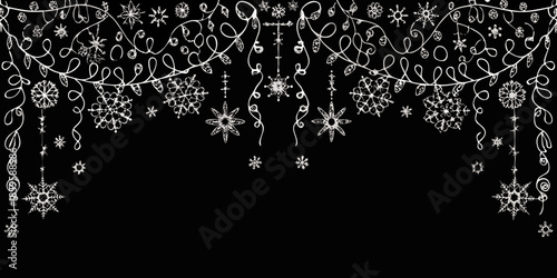 Delicate white snowflakes and swirling lights adorn a dark winter background