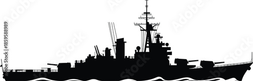 Military battleship silhouette illustration with radar, turrets, and antennas for naval, defense, and strategic themes.