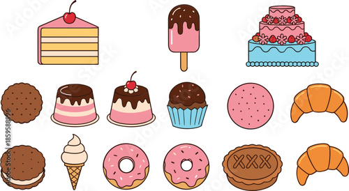 Cute bakery desserts and sweets collection with cakes, donuts, ice cream, cookies, and pastries isolated on white background cartoon vector set