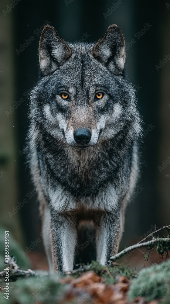Obraz premium Majestic gray wolf portrait in dense forest, powerful amber eyes and detailed fur texture, soft natural light, professional wildlife photography