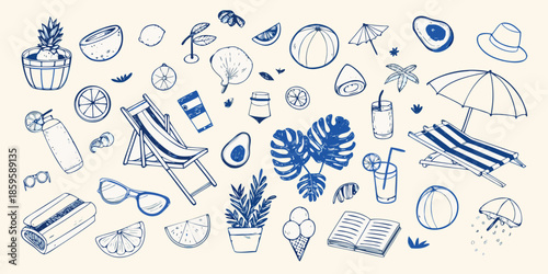 A collection of summer themed doodles fruits beach items and leisure objects