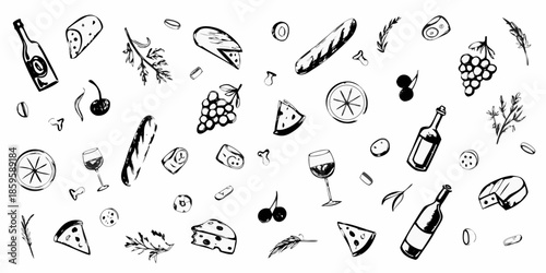 A charming sketch of various food items including bread cheese and wine
