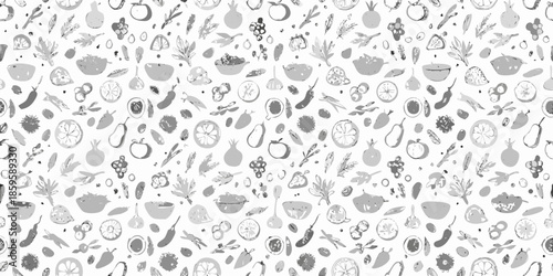 A seamless pattern of hand drawn fruits vegetables and botanical elements in grayscale
