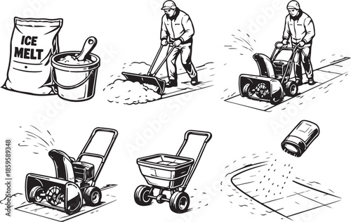 Driveway And Walkway Snow Clearing Tools Line Art Bundle eps