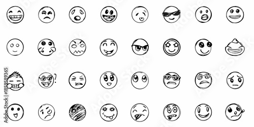 Collection of hand drawn black and white smiley faces displaying various expressions