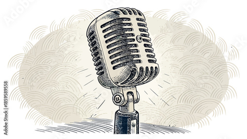Vintage microphone with sound waves in the background