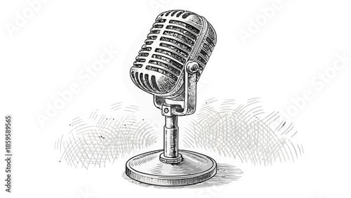 Vintage microphone on stand with sound waves around it