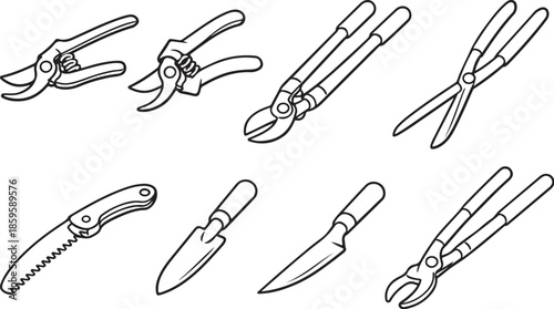 Pruning and Cutting Garden Tools Line Art Set eps
