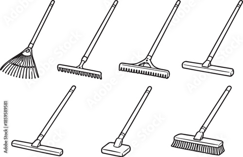 Raking and Leveling Garden Tools Line Art Set eps