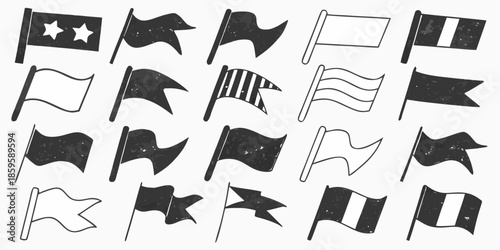 Collection of various black and white sketched flags on a plain background