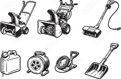 Snow Blower And Winter Power Tools Line Art Bundle eps