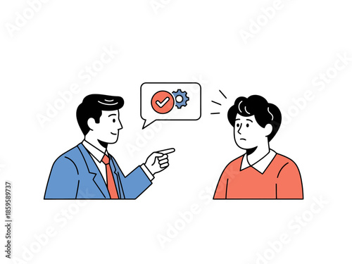 Business Manager Directing Employee with Checklist and Gear Symbol in Speech Bubble